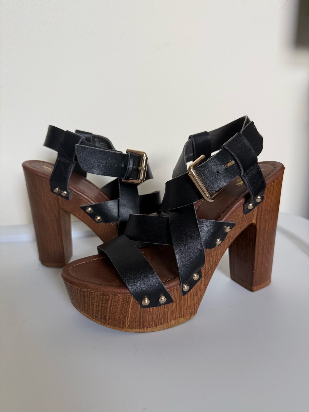 Mossimo Supply Co. Black Leather-Strap Platform Sandals with Wood-Look Heel